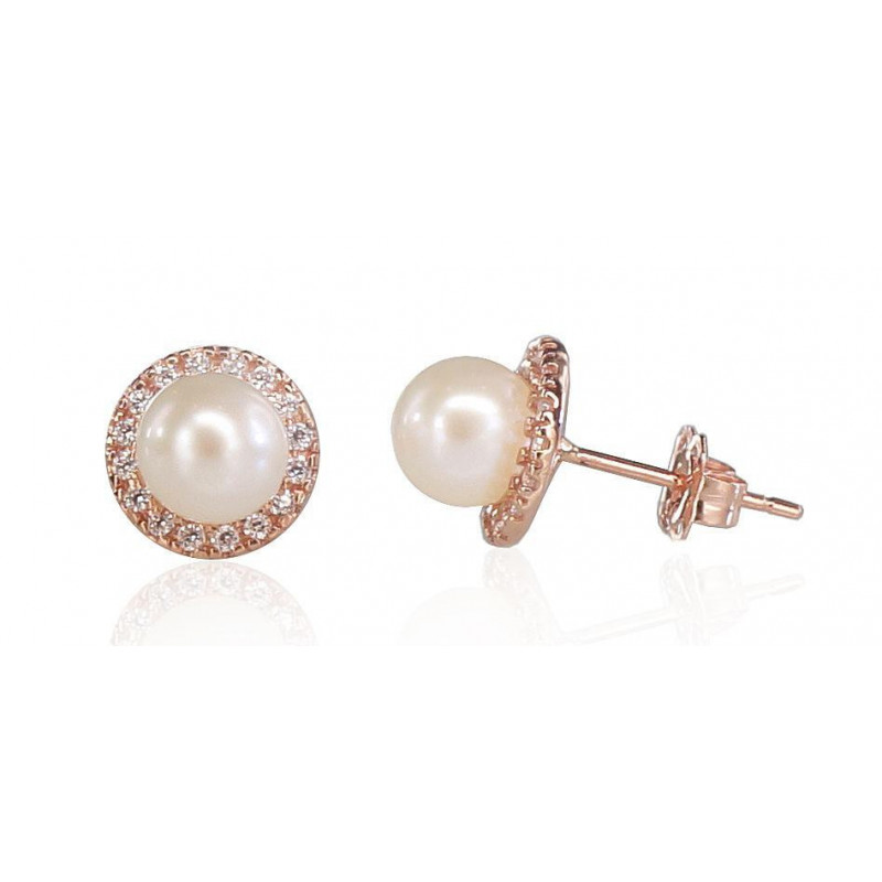 Gold classic studs earrings 1200629(Au-R)_CZ+PE, Red Gold 585°, Zirkons , Fresh-water Pearl