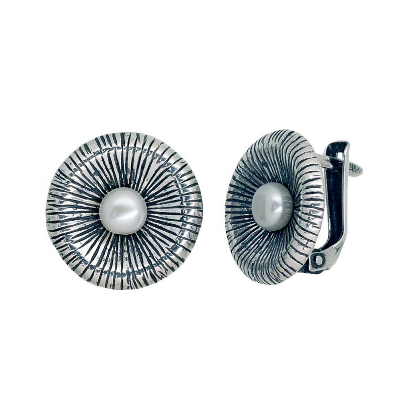 Silver earrings with 'english' lock 2203539(POx-Bk)_PE, Silver 925°, oxide (Plating), Fresh-water Pearl