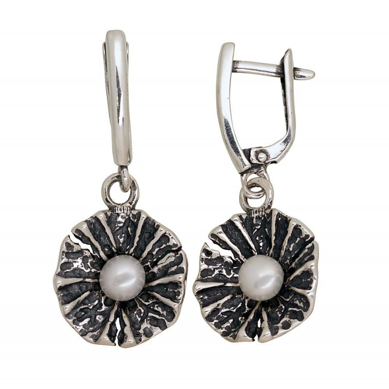 Silver earrings with 'english' lock 2203541(POx-Bk)_PE, Silver 925°, oxide (Plating), Fresh-water Pearl