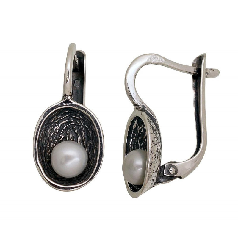 Silver earrings with 'english' lock 2203546(POx-Bk)_PE, Silver 925°, oxide (Plating), Fresh-water Pearl