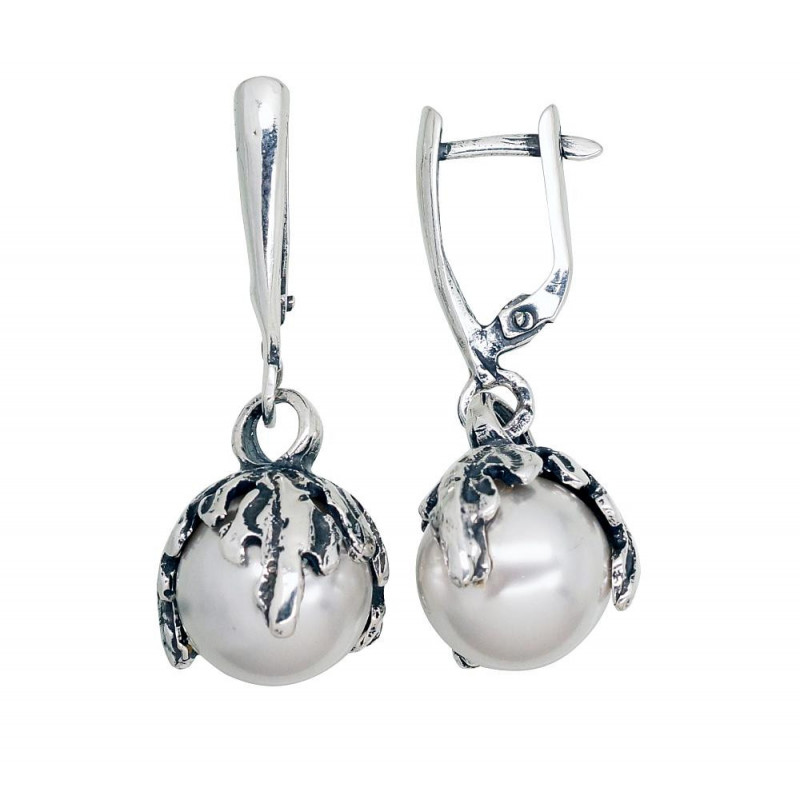 Silver earrings with 'english' lock 2203554(POx-Bk)_PESN, Silver 925°, oxide (Plating), Fresh-water Pearl (synt.)