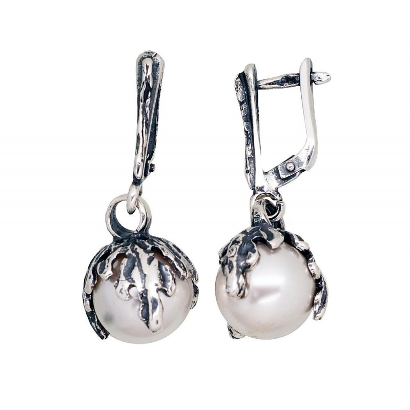 Silver earrings with 'english' lock 2203555(POx-Bk)_PESN, Silver 925°, oxide (Plating), Fresh-water Pearl (synt.)