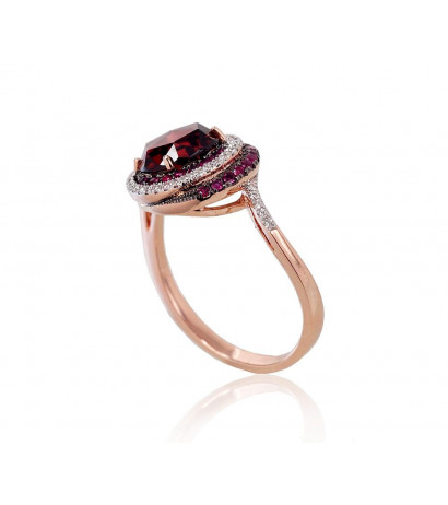 Gold ring 1100120(Au-R+PRh-W+PRh-Bk)_DI+RB+GR, Red Gold 585°, Rhodium (Plating) , Diamonds , Ruby , Garnet