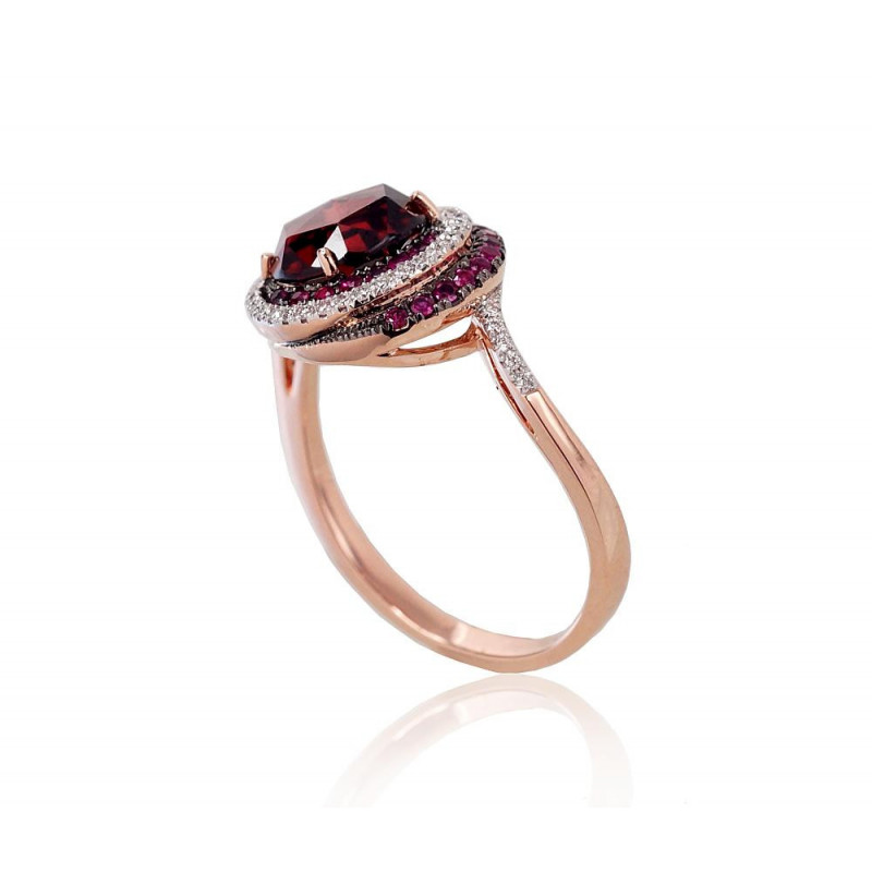 Gold ring 1100120(Au-R+PRh-W+PRh-Bk)_DI+RB+GR, Red Gold 585°, Rhodium (Plating) , Diamonds , Ruby , Garnet