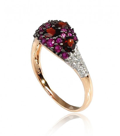 Gold ring 1100196(Au-R+PRh-W+PRh-Bk)_DI+RB+GR, Red Gold 585°, Rhodium (Plating) , Diamonds , Ruby , Garnet