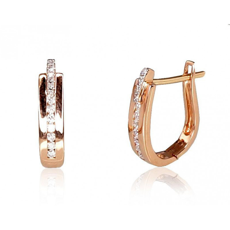 Gold earrings with 'english' lock 1200386(Au-R+PRh-W)_DI, Red Gold 585°, Rhodium (Plating) , Diamonds