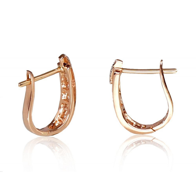 Gold earrings with 'english' lock 1200386(Au-R+PRh-W)_DI, Red Gold 585°, Rhodium (Plating) , Diamonds