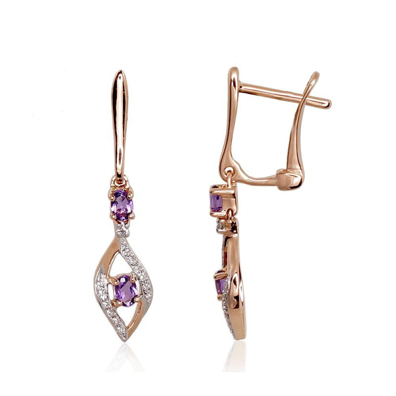 Gold earrings with 'english' lock 1200972(Au-R+PRh-W)_DI+AM, Red Gold 585°, Rhodium (Plating) , Diamonds , Amethyst