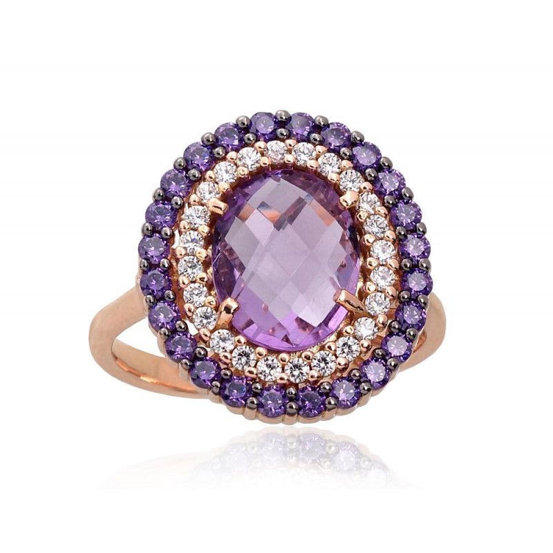 Gold ring 1100964(Au-R+PRh-Bk)_CZ+CZ-V+AM, Red Gold 585°, Rhodium (Plating) , Zirkons , Amethyst