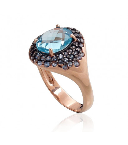 Gold ring 1100961(Au-R+PRh-Bk)_CZ-LB+TZLB, Red Gold 585°, Rhodium (Plating) , Zirkons , Sky Blue Topaz