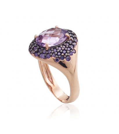 Gold ring 1100961(Au-R+PRh-Bk)_CZ-V+AM, Red Gold 585°, Rhodium (Plating) , Zirkons , Amethyst