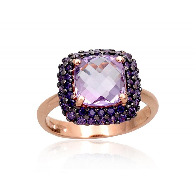 Gold ring 1100962(Au-R+PRh-Bk)_CZ-V+AM, Red Gold 585°, Rhodium (Plating) , Zirkons , Amethyst