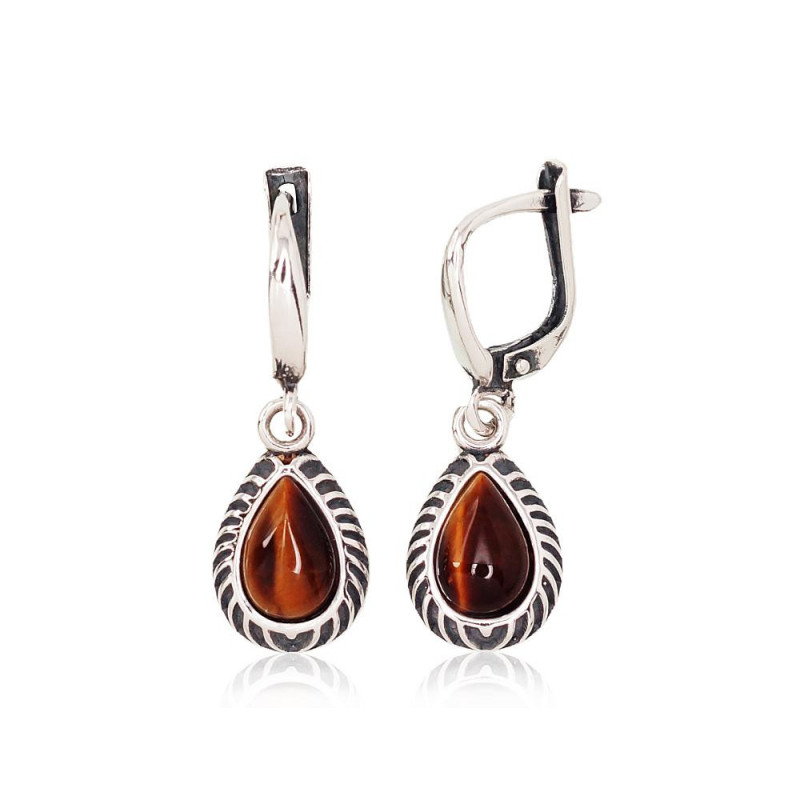 Silver earrings with 'english' lock 2202176(POx-Bk)_TE, Silver 925°, oxide (Plating), Tiger eye