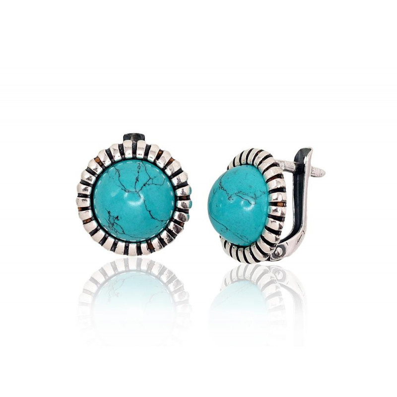 Silver earrings with 'english' lock 2202856(POx-Bk)_TRX, Silver 925°, oxide (Plating), Turquoise (Imitation)