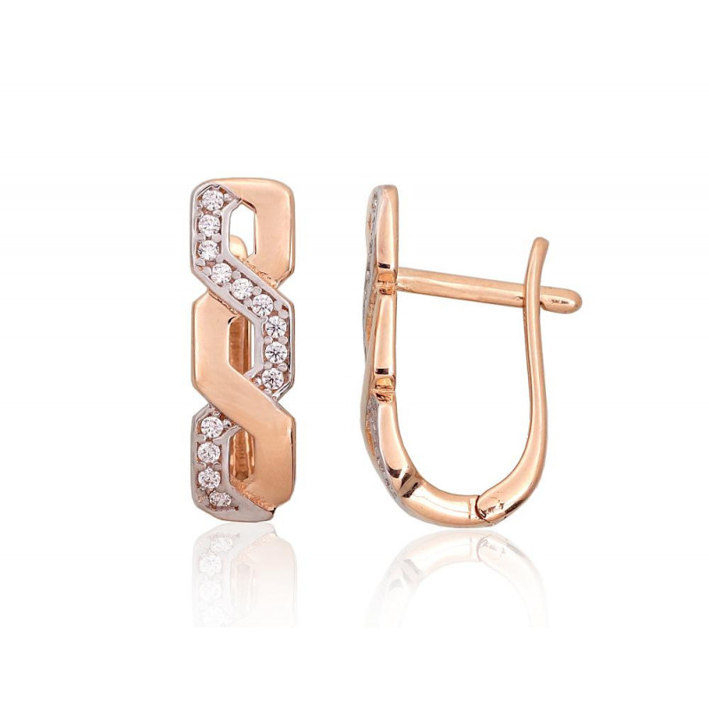 Gold earrings with 'english' lock 1201440(Au-R+PRh-W)_CZ, Red Gold 585°, Rhodium (Plating) , Zirkons