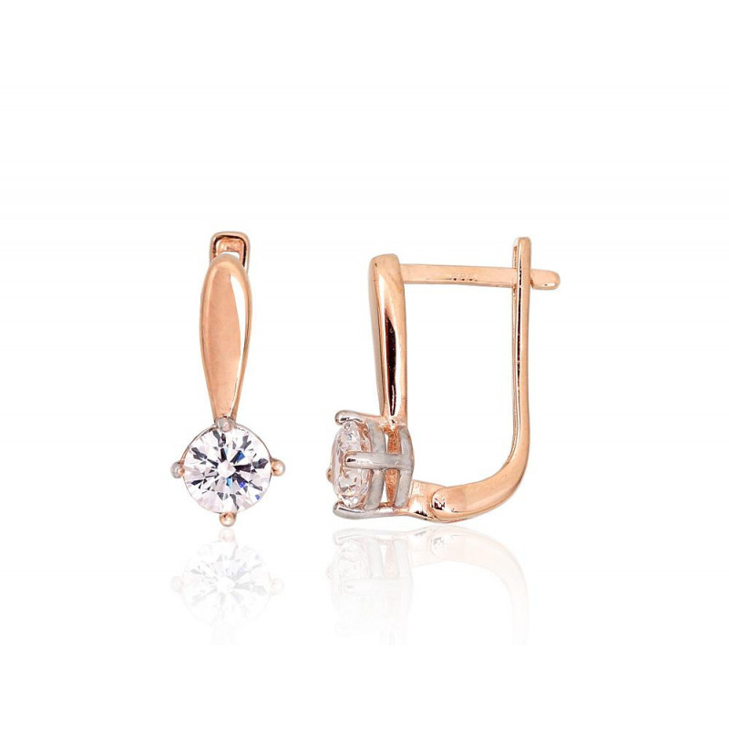 Gold earrings with 'english' lock 1201456(Au-R+PRh-W)_CZ, Red Gold 585°, Rhodium (Plating) , Zirkons