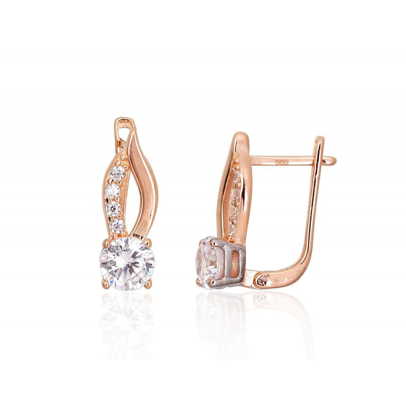 Gold earrings with 'english' lock 1201457(Au-R+PRh-W)_CZ, Red Gold 585°, Rhodium (Plating) , Zirkons