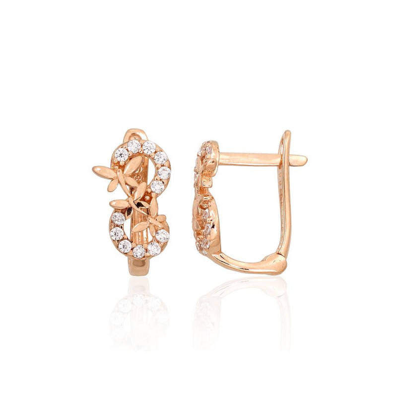 Gold earrings with 'english' lock 1201477(Au-R)_CZ, Red Gold 585°, Zirkons