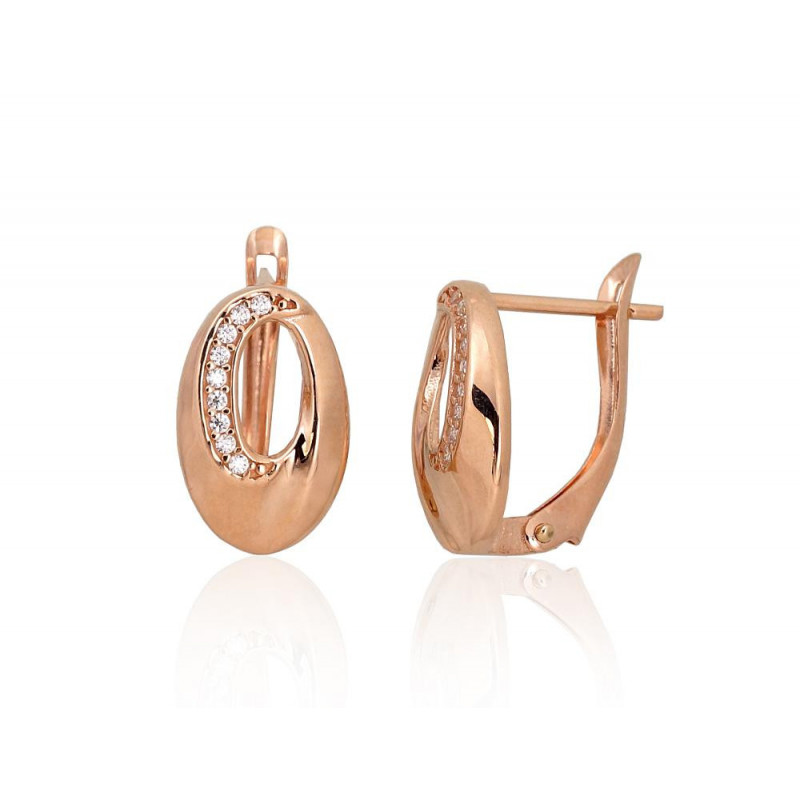 Gold earrings with 'english' lock 1201483(Au-R)_CZ, Red Gold 585°, Zirkons