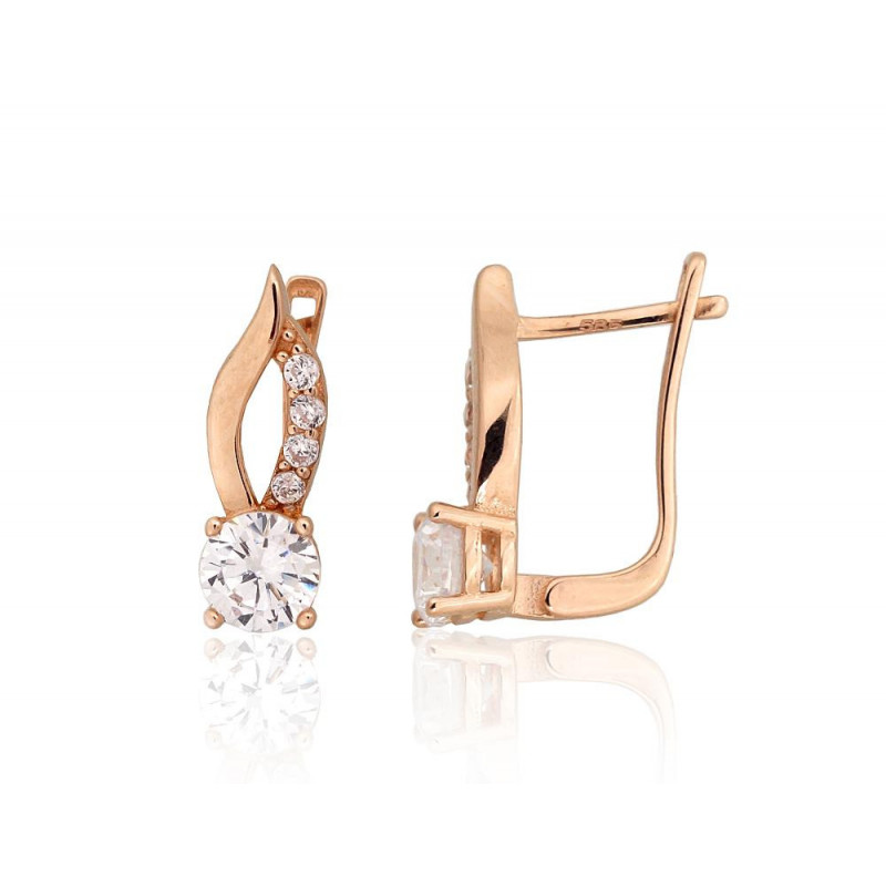 Gold earrings with 'english' lock 1201457(Au-R)_CZ, Red Gold 585°, Zirkons