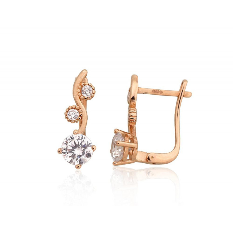 Gold earrings with 'english' lock 1201458(Au-R)_CZ, Red Gold 585°, Zirkons