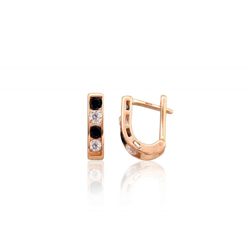 Gold earrings with 'english' lock 1201493(Au-R)_CZ+CZ-BK, Red Gold 585°, Zirkons