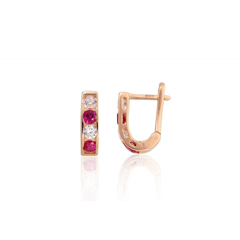 Gold earrings with 'english' lock 1201493(Au-R)_CZ+CZ-RO, Red Gold 585°, Zirkons