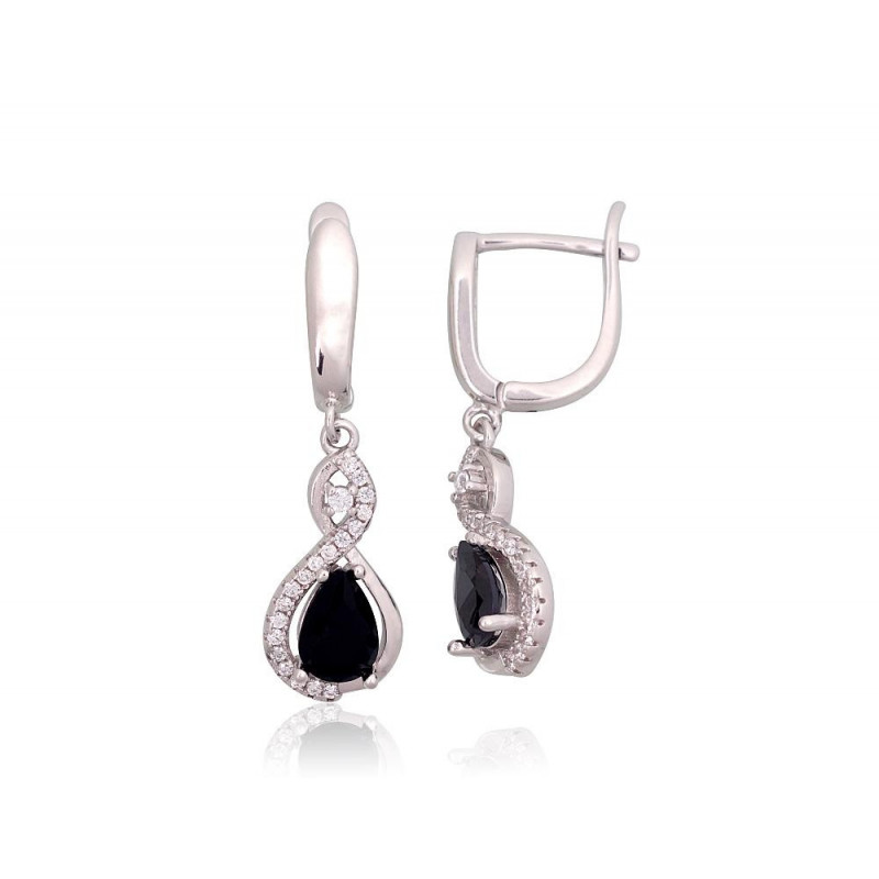 Silver earrings with 'english' lock 2203754(PRh-Gr)_CZ+CZ-BK, Silver 925°, Rhodium (Plating), Zirkons