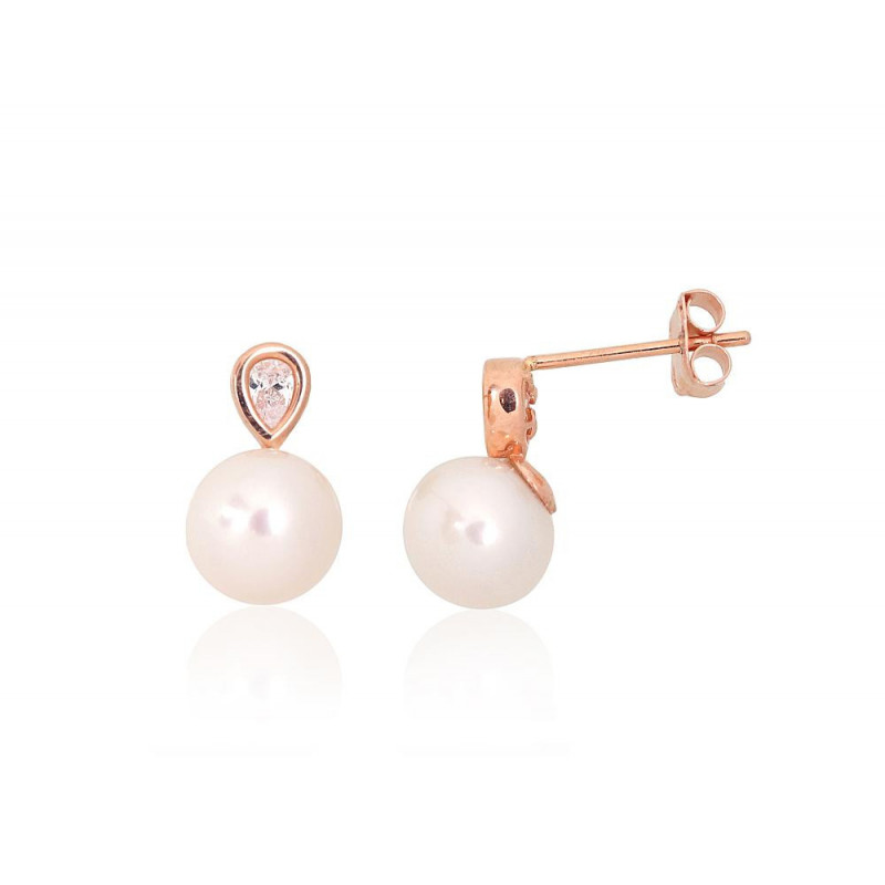 Gold classic studs earrings 1201566(Au-R)_CZ+PE, Red Gold 585°, Zirkons , Fresh-water Pearl