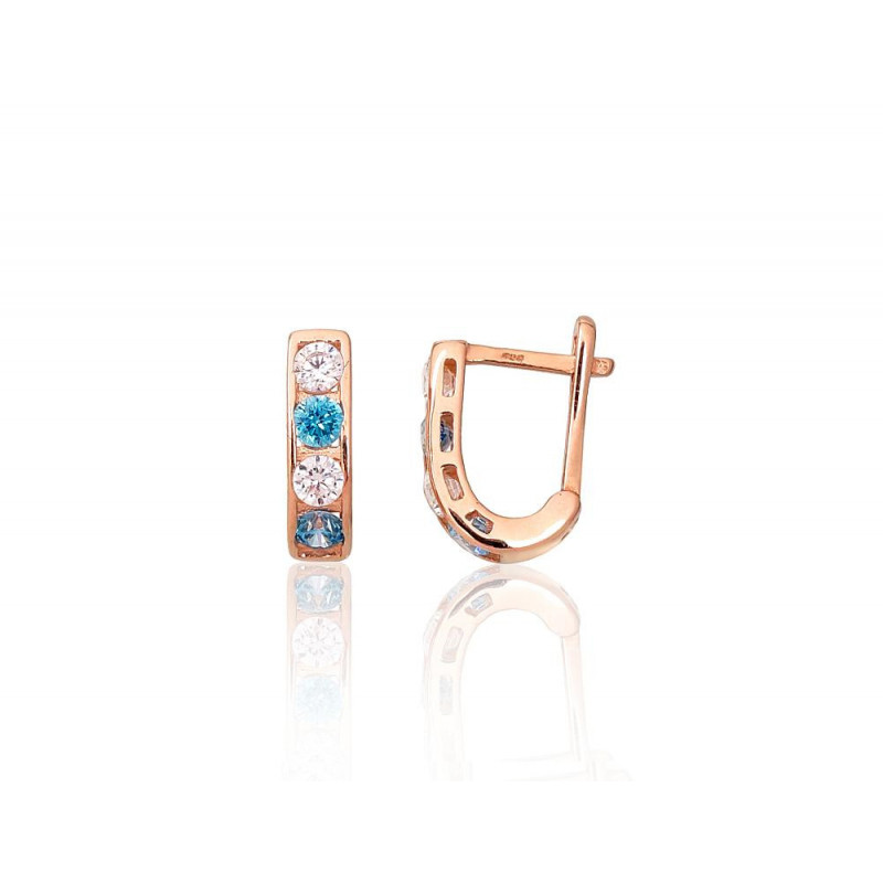 Gold earrings with 'english' lock 1201493(Au-R)_CZ+CZ-AQ, Red Gold 585°, Zirkons