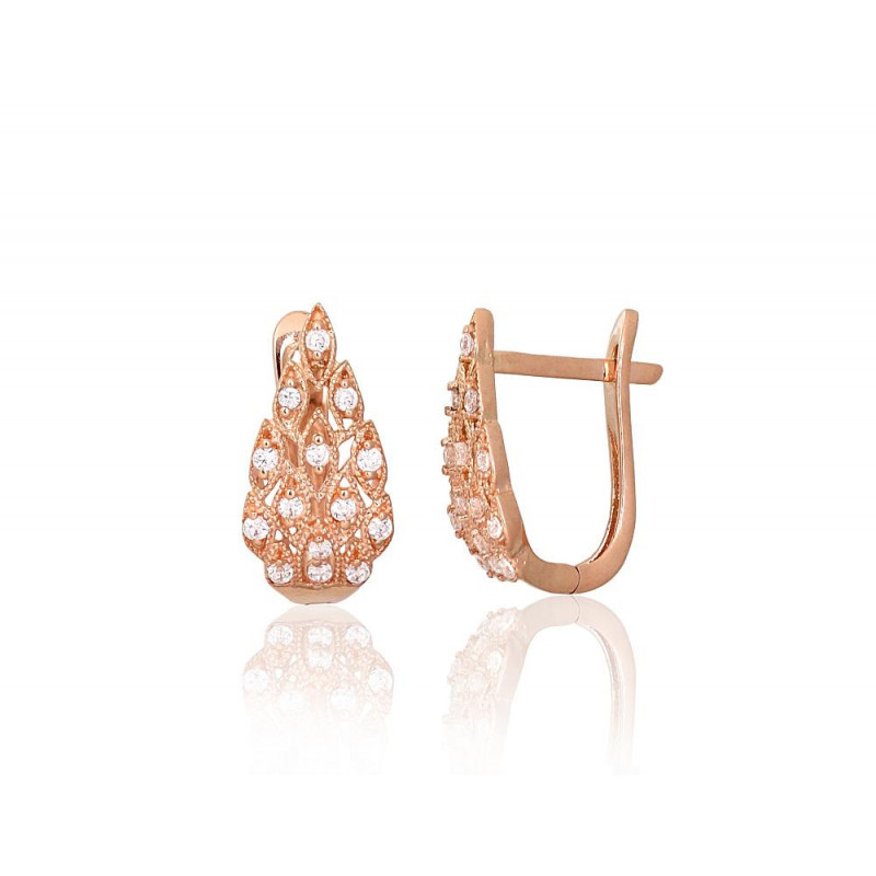 Gold earrings with 'english' lock 1201593(Au-R)_CZ, Red Gold 585°, Zirkons