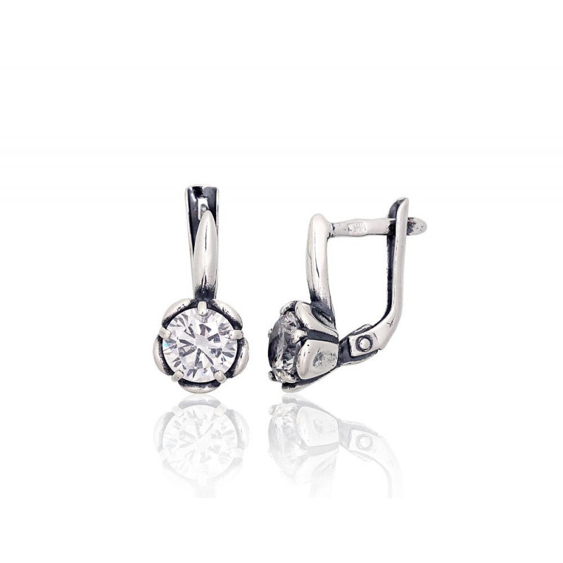 Silver earrings with 'english' lock 2203799(POx-Bk)_CZ, Silver 925°, oxide (Plating), Zirkons