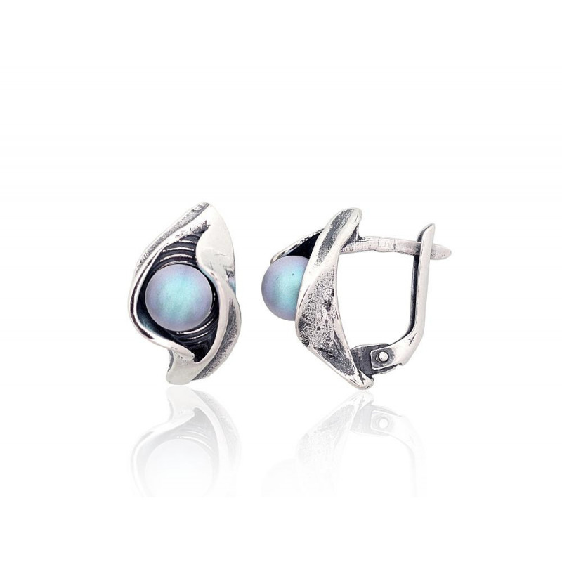 Silver earrings with 'english' lock 2202826(POx-Bk)_PESN-AQ, Silver 925°, oxide (Plating), Fresh-water Pearl (synt.)