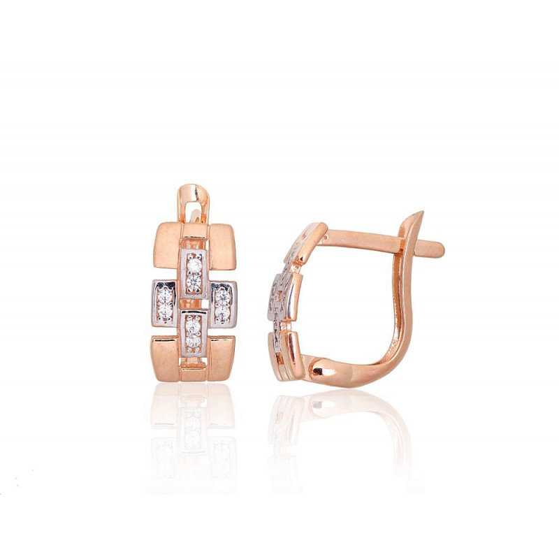 Gold earrings with 'english' lock 1201650(Au-R+PRh-W)_CZ, Red Gold 585°, Rhodium (Plating) , Zirkons