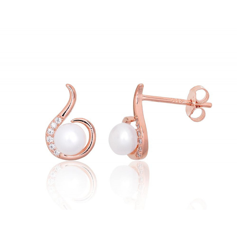 Silver stud earrings 2203836(PAu-R)_CZ+PE, Silver 925°, red gold (Plating), Zirkons , Fresh-water Pearl