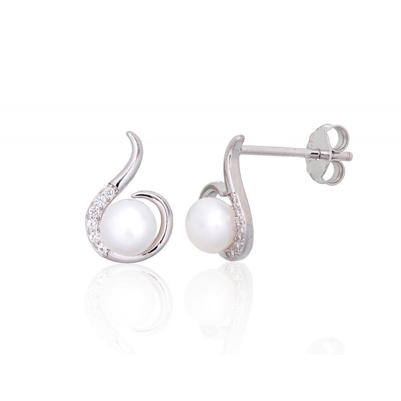 Silver stud earrings 2203836(PRh-Gr)_CZ+PE, Silver 925°, Rhodium (Plating), Zirkons , Fresh-water Pearl