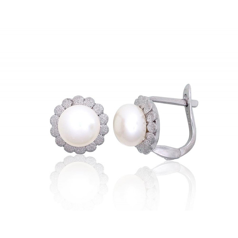 Silver earrings with 'english' lock 2203840(PRh-Gr)_PE, Silver 925°, Rhodium (Plating), Fresh-water Pearl