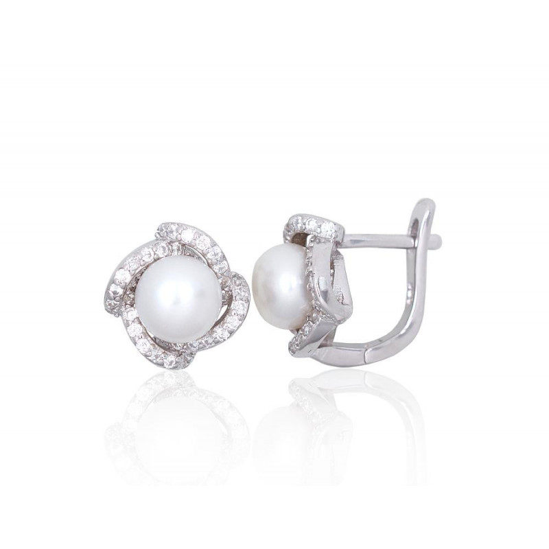 Silver earrings with 'english' lock 2203841(PRh-Gr)_CZ+PE, Silver 925°, Rhodium (Plating), Zirkons , Fresh-water Pearl