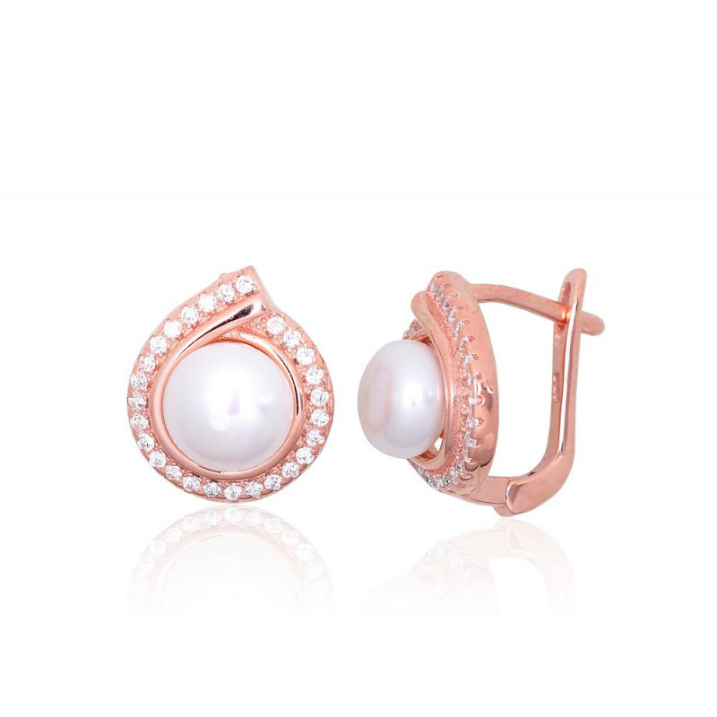 Silver earrings with 'english' lock 2203843(PAu-R)_CZ+PE, Silver 925°, red gold (Plating), Zirkons , Fresh-water Pearl