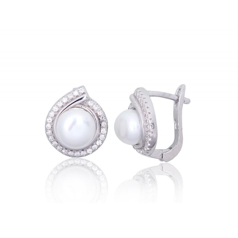 Silver earrings with 'english' lock 2203843(PRh-Gr)_CZ+PE, Silver 925°, Rhodium (Plating), Zirkons , Fresh-water Pearl