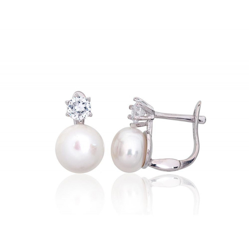 Silver earrings with 'english' lock 2203847(PRh-Gr)_CZ+PE, Silver 925°, Rhodium (Plating), Zirkons , Fresh-water Pearl