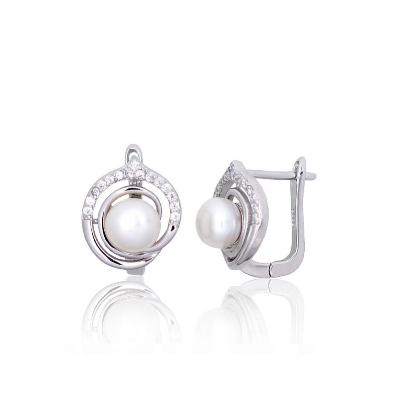 Silver earrings with 'english' lock 2203844(PRh-Gr)_CZ+PE, Silver 925°, Rhodium (Plating), Zirkons , Fresh-water Pearl