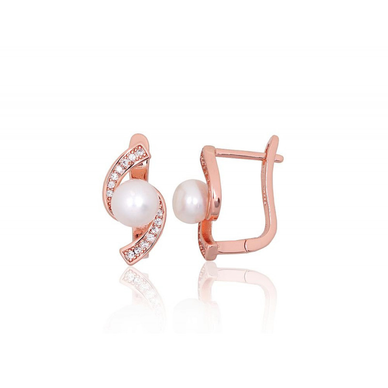 Silver earrings with 'english' lock 2203845(PAu-R)_CZ+PE, Silver 925°, red gold (Plating), Zirkons , Fresh-water Pearl