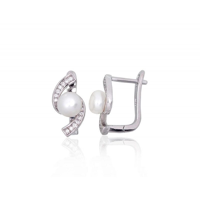 Silver earrings with 'english' lock 2203845(PRh-Gr)_CZ+PE, Silver 925°, Rhodium (Plating), Zirkons , Fresh-water Pearl