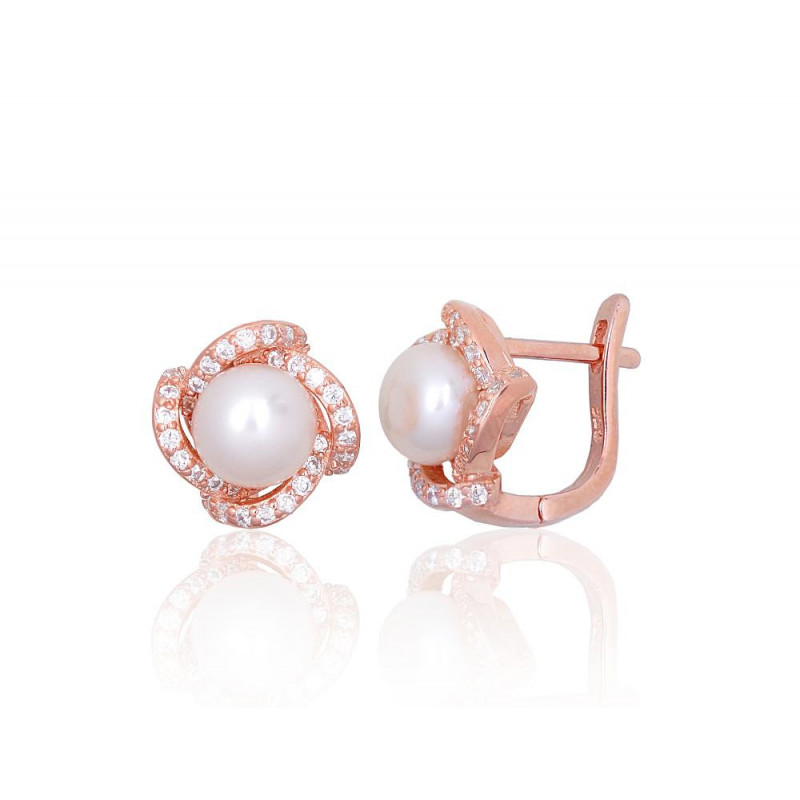 Silver earrings with 'english' lock 2203841(PAu-R)_CZ+PE, Silver 925°, red gold (Plating), Zirkons , Fresh-water Pearl