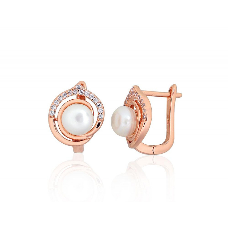 Silver earrings with 'english' lock 2203844(PAu-R)_CZ+PE, Silver 925°, red gold (Plating), Zirkons , Fresh-water Pearl