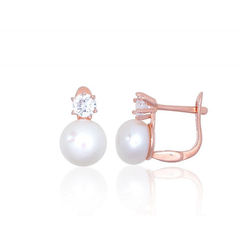 Silver earrings with 'english' lock 2203847(PAu-R)_CZ+PE, Silver 925°, red gold (Plating), Zirkons , Fresh-water Pearl