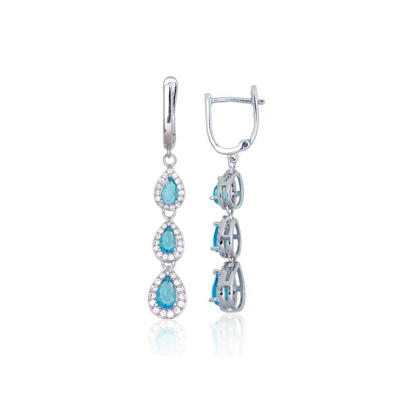 Silver earrings with 'english' lock 2203854(PRh-Gr)_CZ+CZ-AQ, Silver 925°, Rhodium (Plating), Zirkons