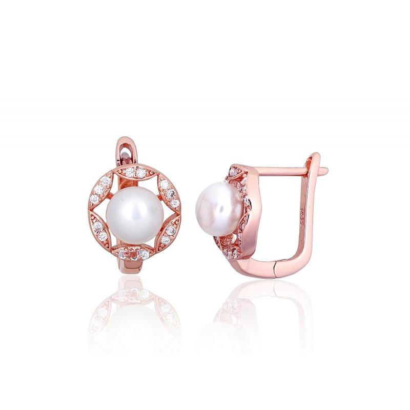 Silver earrings with 'english' lock 2203842(PAu-R)_CZ+PE, Silver 925°, red gold (Plating), Zirkons , Fresh-water Pearl