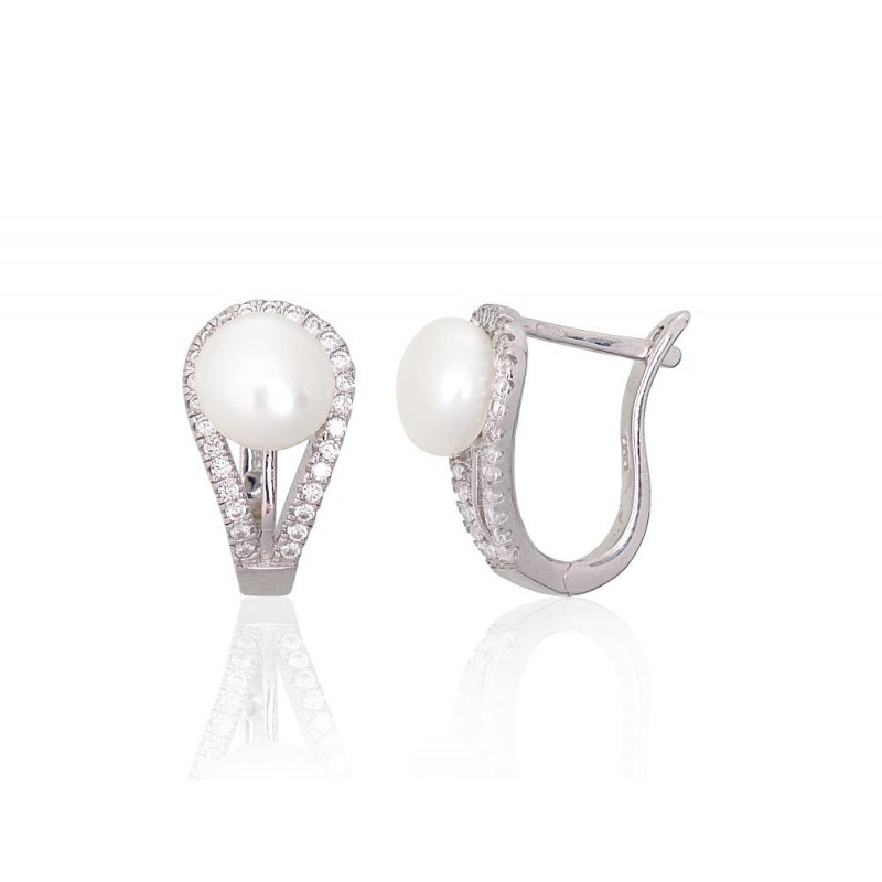 Silver earrings with 'english' lock 2203846(PRh-Gr)_CZ+PE, Silver 925°, Rhodium (Plating), Zirkons , Fresh-water Pearl